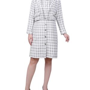 Elegant White and Gray Plaid Coat Dress